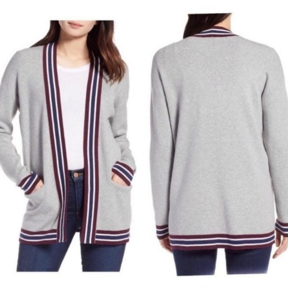 Halogen Gray Tri Stripe Border Open Front Cardiga… - image 1